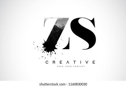 ZS Z S Letter Logo Design with Black Ink Watercolor Splash Spill Vector Illustration.