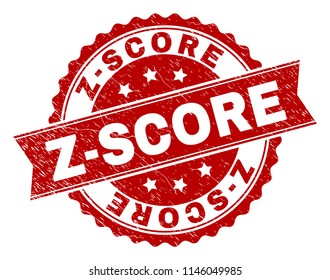 Z-SCORE seal print with corroded texture. Rubber seal imitation has round medallion shape and contains ribbon. Red vector rubber print of Z-SCORE text with scratched texture.