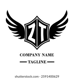 ZT bold shield logo with wings, customizable with letters A to Z. Perfect for brands seeking a powerful symbol of strength, freedom, and ambition
