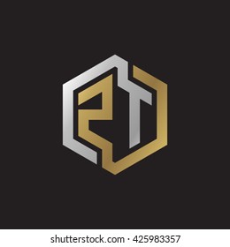 ZT initial letters looping linked hexagon elegant logo golden silver black background
