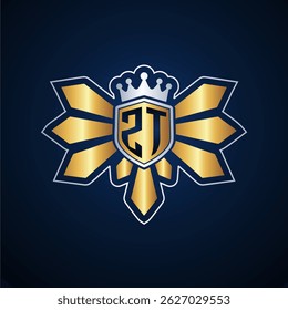 ZT initial letters monogram logo for gaming with shield and eagle wing