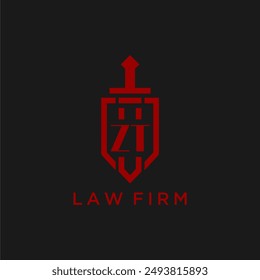 Monograma inicial de ZT para bufete de abogados con Imagen de logo de espada y escudo