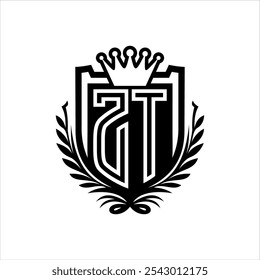 ZT Carta logotipo heráldico escudo forma com coroa, vintage escudo sobre fundo branco modelo design