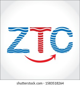 ZTC Z T C INITIAL LETTER LOGO WITH ARROW ELEMENT (symbol of forward moving business)  AND WAVES IN LETTERS BLUE AND RED COLOR