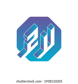 ZU or 2U - monogram or logotype. Volume alphabet. Three-dimension letters Z and U. Isometric 3d font for design. svg