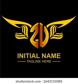ZU Golden Wing Emblem Logo with elegant gold wings, sleek and modern design. Ideal for branding, creative projects, luxury businesses, or artistic ventures.