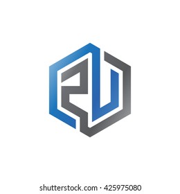 ZU initial letters looping linked hexagon logo black gray blue