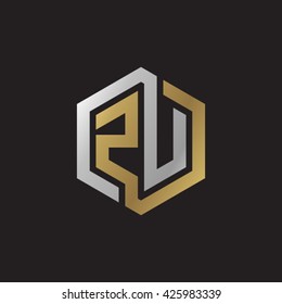 ZU initial letters looping linked hexagon elegant logo golden silver black background