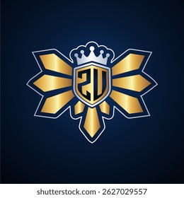 ZU initial letters monogram logo for gaming with shield and eagle wing