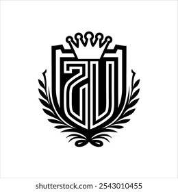 Letra ZU logotipo heráldico escudo forma com coroa, vintage escudo sobre fundo branco modelo design