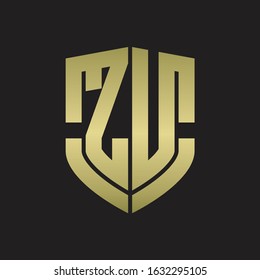 ZU Logo monogram with emblem shield shape design isolated gold colors on black background