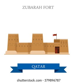 Zubarah Fort in Qatar. Flat cartoon style historic sight showplace attraction web site vector illustration. World countries cities vacation travel sightseeing Asia collection.