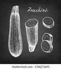 Zucchini. Chalk sketch on blackboard background. Hand drawn vector illustration. Retro style.