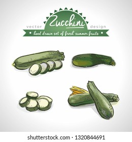 Zucchini Collection of fresh vegetables with leaf. Vector illustration. Isolated