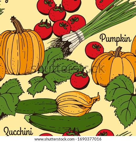 Zucchini, courgette, tomato, pumpkin, green onions, vegetable vector color seamless pattern, hand drawn food set isolated on yellow background