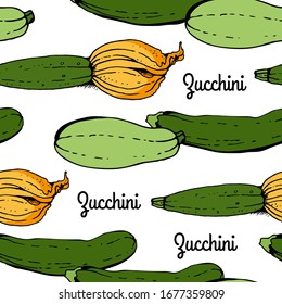 Zucchini, courgette vegetable vector color seamless pattern, hand drawn food set isolated on white background