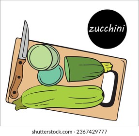 zucchini cut into slices with kitchen knife lie on cutting board. cooking food from the harvest.