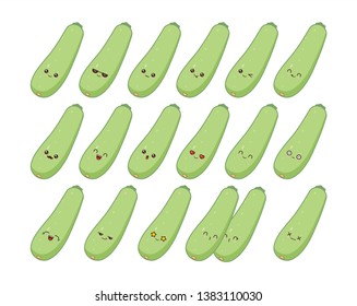 Zucchini cute kawaii mascot. Set kawaii food faces expressions smile emoticons. 