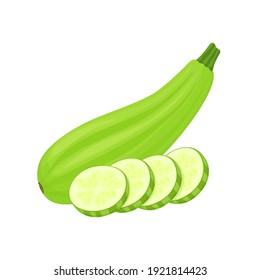 Zucchini is fresh. Squash whole, half with seeds and slice in cross section.Vegetable, ingredient, the element of packaging design for food, recipes. Isolated on white vector illustration. flat style