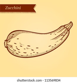 Zucchini, fresh vegetables. Retro style. Easily editable vector. Vegetable on the yellow retro background. Isolated vector.