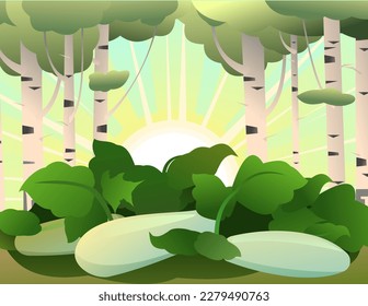 Zucchini está maduro. Árboles de aves. Paisaje rural de verano. Rayos brillantes de la mañana del sol. Jardín con verduras. Espesor de hierbas. Estilo divertido de caricatura. Diseño plano. Vector