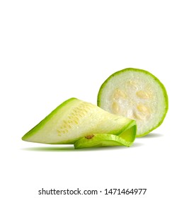 A zucchini low poly. Fresh, nutritious, tasty green zucchini. Elements for label design. Vector illustration. Vegetables in triangulation technique. 