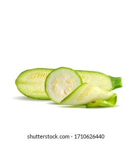 A zucchini low poly. Fresh, nutritious, tasty green zucchini. Elements for label design. Vector illustration. Vegetables in triangulation technique. 
