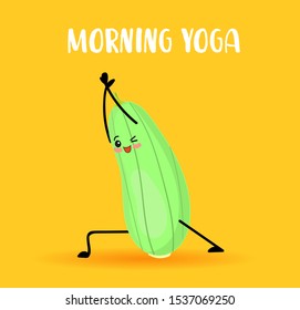 Zucchini makes yoga assans. Vegetable character.
