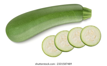 Zucchini or marrow with slices isolated on white background. Whole and chopped vegetable. Realistic 3d vector illustration. Clipping path and full depth of field.