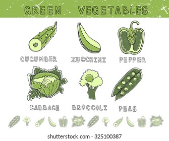 Zucchini, peas,pepper, cucumber, cabbage and broccoli - green vegetables set. Vintage vector illustration.