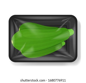 Zucchini en recipientes de plástico con cubierta de celofán. Plantilla de maquillaje para su diseño. Recipiente de plástico para alimentos. Ilustración vectorial.