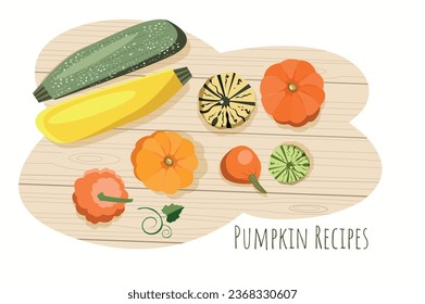 Zucchini and pumpkins of different colors and sizes on a wooden surface with the inscription Pumpkin Recipes.