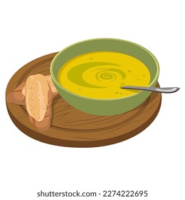 Zucchini puree soup. Beautiful serving on a board with slices of bread. Vector illustration on a white background.