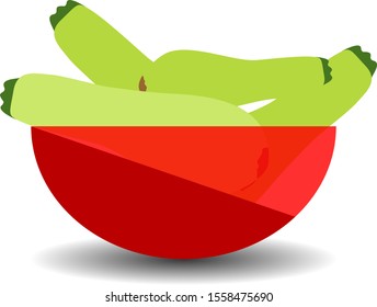 Zucchini in a red transparent bowl. Vector graphic illustration with shadow.