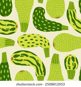 Zucchini seamless pattern. Fresh vegetable squash print for kitchen, menu, food package design. Hand drawn flat vector illustration. Healthy cute organic product.