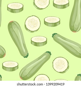 Zucchini seamless pattern on green background. Vector illustration of fresh vegetables in cartoon flat style.
