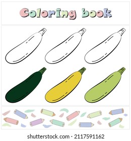 Zucchini set. A page of a coloring book with a colorful vegetables and a sketch for coloring. Preschool education. Cartoon style. Vector illustration for children, eps