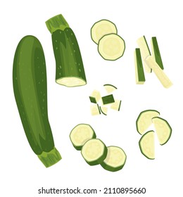 Zucchini set. Whole vegetable, cut, single and group. Flying slices.Vector illustrations isolated on white background.