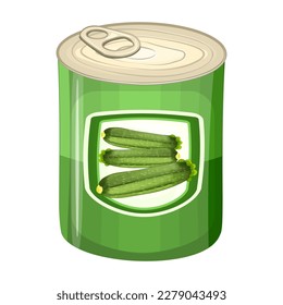 Zucchini tin can tin can on white background. Canned puree, paste, stewed, chopped or condensed soup zucchini package.Porridge, sauce and dressing of marrow in metal can with label.Vector illustration