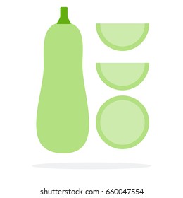 Zucchini upright, round slice of zucchini and two wedges of zucchini vector flat material design isolated on white