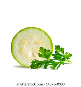 A zucchini whit green parsley low poly. Fresh parsley, nutritious, tasty green zucchini. Elements for label design. Vector illustration. Vegetables in triangulation technique.