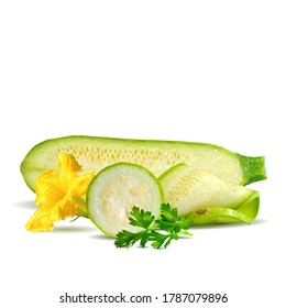 A zucchini whit green parsley low poly. Fresh parsley, nutritious, tasty green zucchini. Elements for label design. Vector illustration. Vegetables in triangulation technique.