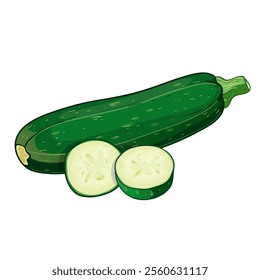 Zucchini, whole and sliced, vector illustration isolated on white background, eps10