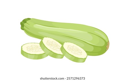 Zucchini whole and slices isolated on white. Fresh vegetable icon. Vector food cartoon flat illustration.