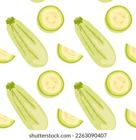 Zucchini whole and slices. Seamless pattern in vector. Food illustration. Isolated figures. Transparent background. Suitable for print and background.