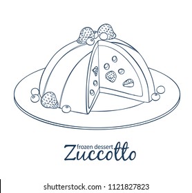 Zucotto dessert with berries icon. Cartoon vector linear black and white illustration