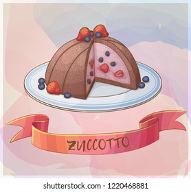 Zucotto dessert with berries icon. Cartoon vector illustration of frozen cake with strawberries and blueberries. Pastel series of berry desserts collection