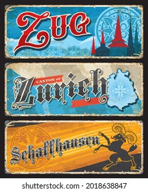 Zuger, Zürich und Schaffhausen Schweizer Kantonsbündchen. Schweiz grunge VektorBlechteller mit gothischer Typografie, Schlossspitzen und Landkarte, Schaffhausen Wappen- und Fahne-Billengatziege