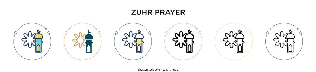 Zuhr Gebet-Symbol in voller, dünner Linie, Umriss- und Schlagstil. Vektorgrafik von zwei farbigen und schwarzen Zuhrgebet-Vektorgrafiken-Designs kann für mobile, iPhone, web-basierte