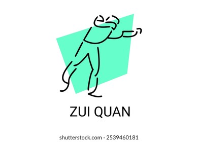 zui quan ou "Drunken boxing " ícone da linha do vetor desportivo. desportista, posição de combate. ilustração do pictograma desportivo.